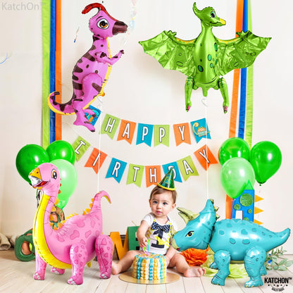 KatchOn, Large Pink Dinosaur Balloons for Birthday Party - Pack of 4 | Pastel Dino Balloons for Dino Party Decorations, Dinosaur Birthday Decorations | Three Rex Birthday Decorations Girl
