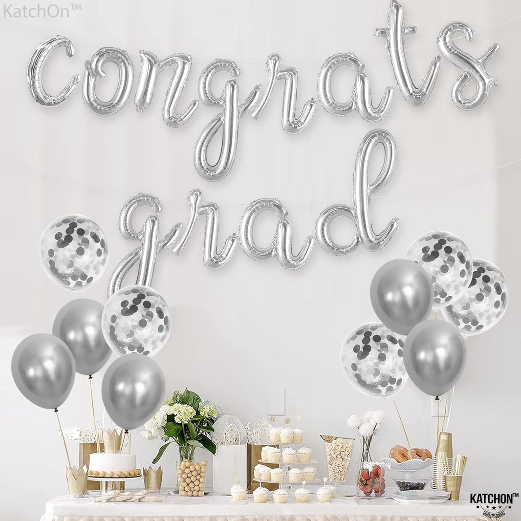 Graduation Decorations 2026 | Silver Congrats Grad Balloons Banner - Script, 16 Inch | Congrats Grad Balloon | Graduation Balloons for Congrats Grad Decorations, KatchOn