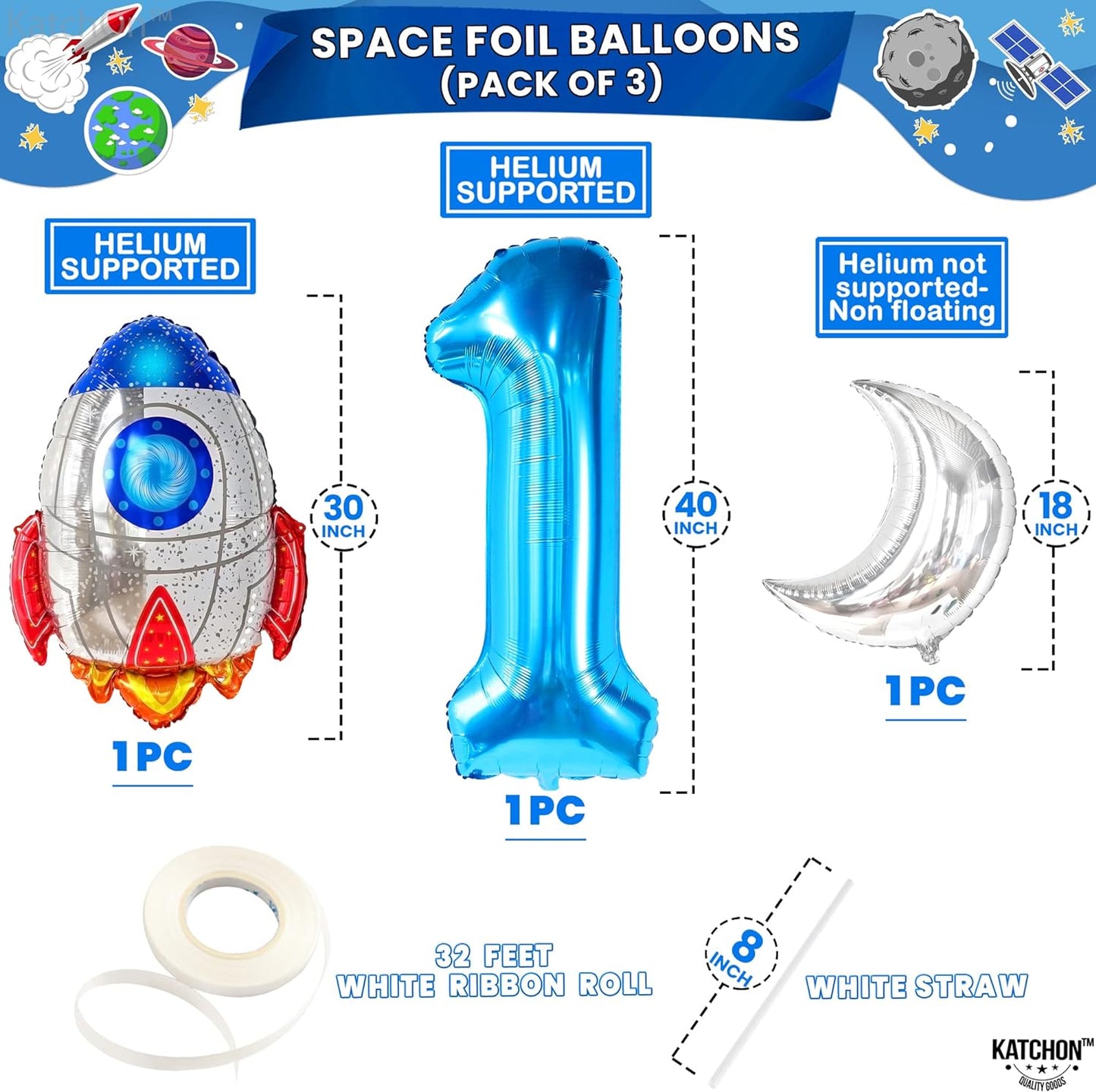 KatchOn, Giant Space Balloons First Birthday Set - 40 Inch, Pack of 8 | First Trip Around The Sun Balloons | Number 1 Balloon, Space Birthday Balloons for 1st Trip Around The Sun Birthday Decorations