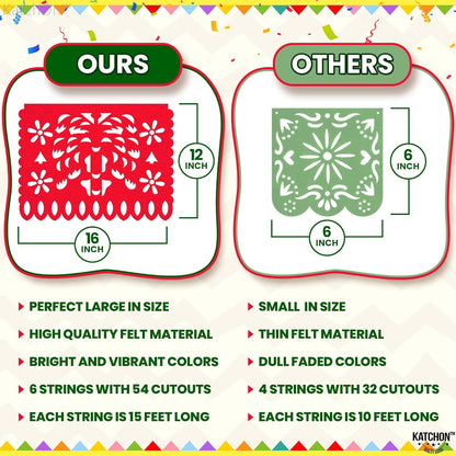 KatchOn, Xtralarge Felt Mexican Party Banner - 6 Strings, 54 Pcs 12x16 each | Dia De los Muertos Decorations, Felt Papel Picado Banner | Mexican Banners for Fiesta Party Decorations