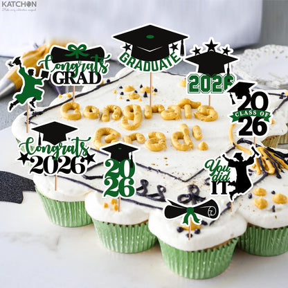 KatchOn, Green and Black Graduation Cake Topper 2026 - Pack of 36 | Graduation Cupcake Toppers 2026, Graduation Cake Toppers 2026 for Green and Black Graduation Decorations 2026