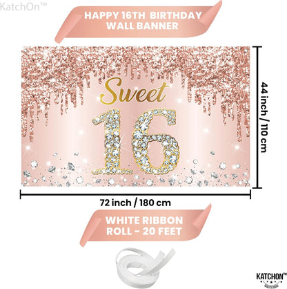 KatchOn, Rose Gold Sweet 16 Banner - Large, 72x44 Inch | Sweet 16 Party Decorations | Sweet 16 Backdrop for Sweet 16 Birthday Decorations | Sweet 16 Birthday Banner, Sweet Sixteen Party Decorations
