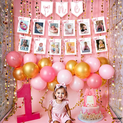 KatchOn, Pink Bow One Birthday Photo Banner - 2 Strings, 10 Feet | Pre Strung 1-12 Month Photo Banner for 1st Birthday Decorations | Bow Party Decorations