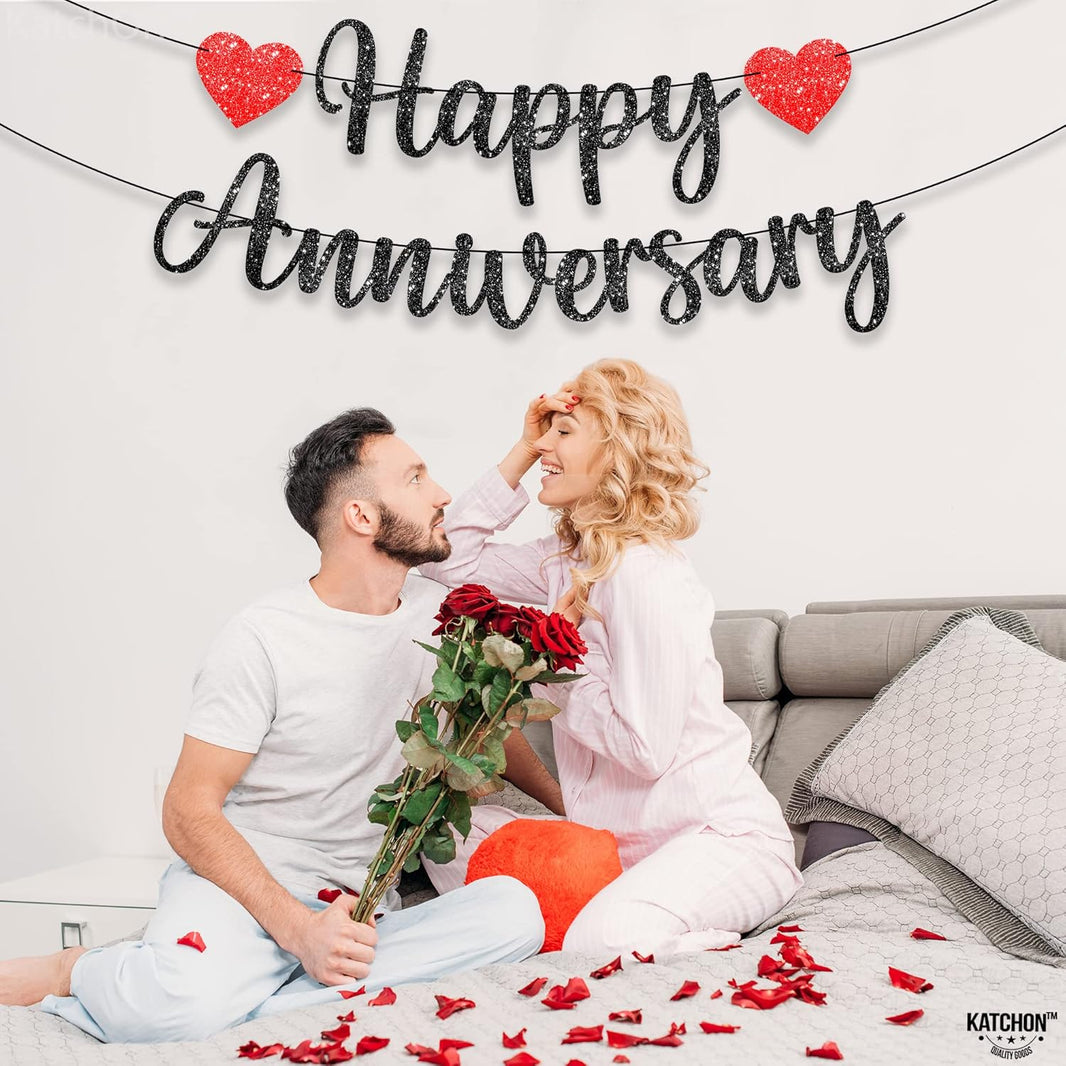 KatchOn, Happy Anniversary Banner Glitter Black - No DIY, 2 String, 10 Feet | Happy Anniversary Decorations for Party | Happy Anniversary Sign for Wedding Anniversary Decorations, Romantic Decorations