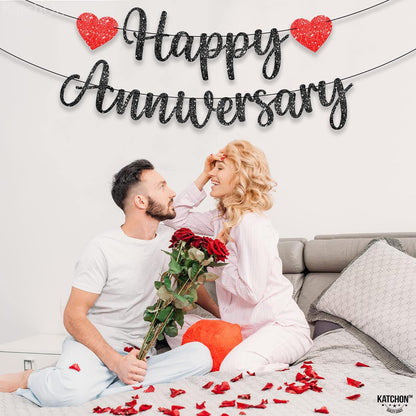 KatchOn, Happy Anniversary Banner Glitter Black - No DIY, 2 String, 10 Feet | Happy Anniversary Decorations for Party | Happy Anniversary Sign for Wedding Anniversary Decorations, Romantic Decorations