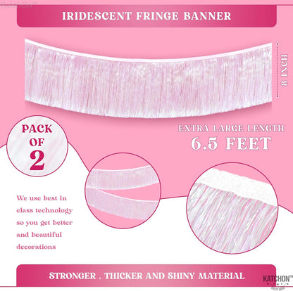 KatchOn, White Iridescent Fringe Banner - 6.5 Feet, Pack of 2 | Iridescent Fringe Garland for Bachelorette Party Decorations | Iridescent Tinsel Garland for Halloween Decor, Christmas Decorations