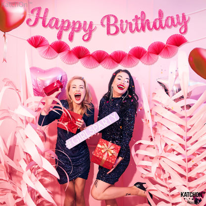 KatchOn, Pre Strung Pink Cursive Happy Birthday Banner with Paper Fan Garland Set | Happy Birthday Sign, Pink Paper Banner for Happy Birthday Decorations | Hot Pink Happy Birthday Party Decor for Girl