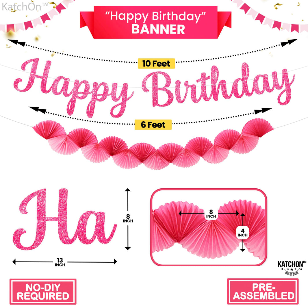 KatchOn, Pre Strung Pink Cursive Happy Birthday Banner with Paper Fan Garland Set | Happy Birthday Sign, Pink Paper Banner for Happy Birthday Decorations | Hot Pink Happy Birthday Party Decor for Girl
