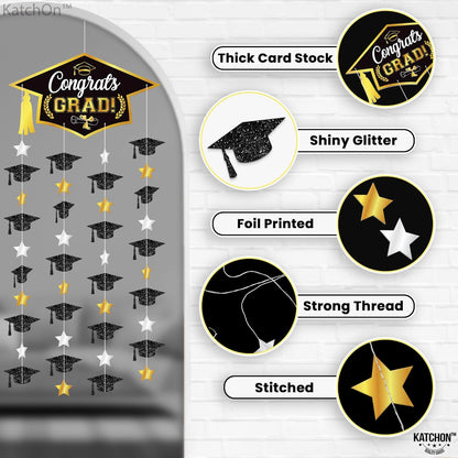 KatchOn, Black and Gold Graduation Cap Garland - Pack of 2, No DIY | Congrats Grad Garlands for Grad Cap Decorations | Grad Party Decorations 2026 | Graduation Decorations 2026