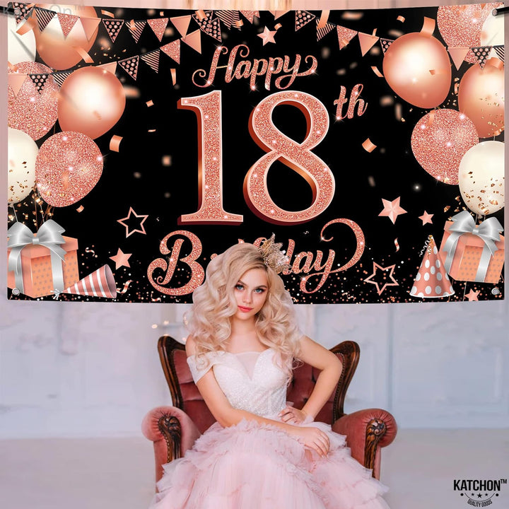 KatchOn Rose Gold Happy 18th Birthday Banner - Large, 72x44 Inch | Rose Gold and Black 18th Birthday Decorations for Girls, Pink Happy 18th Birthday Backdrop, Happy 18 Birthday Decorations for Women