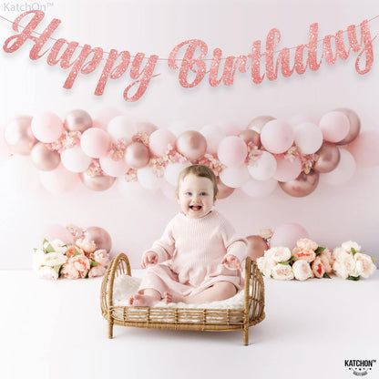 KatchOn, Cursive Glitter Rose Gold Happy Birthday Banner - Pre-Strung, 10 Feet, No DIY | Pink Happy Birthday Banner, Rose Gold Birthday Decorations | Happy Birthday Sign, Happy Birthday Decorations