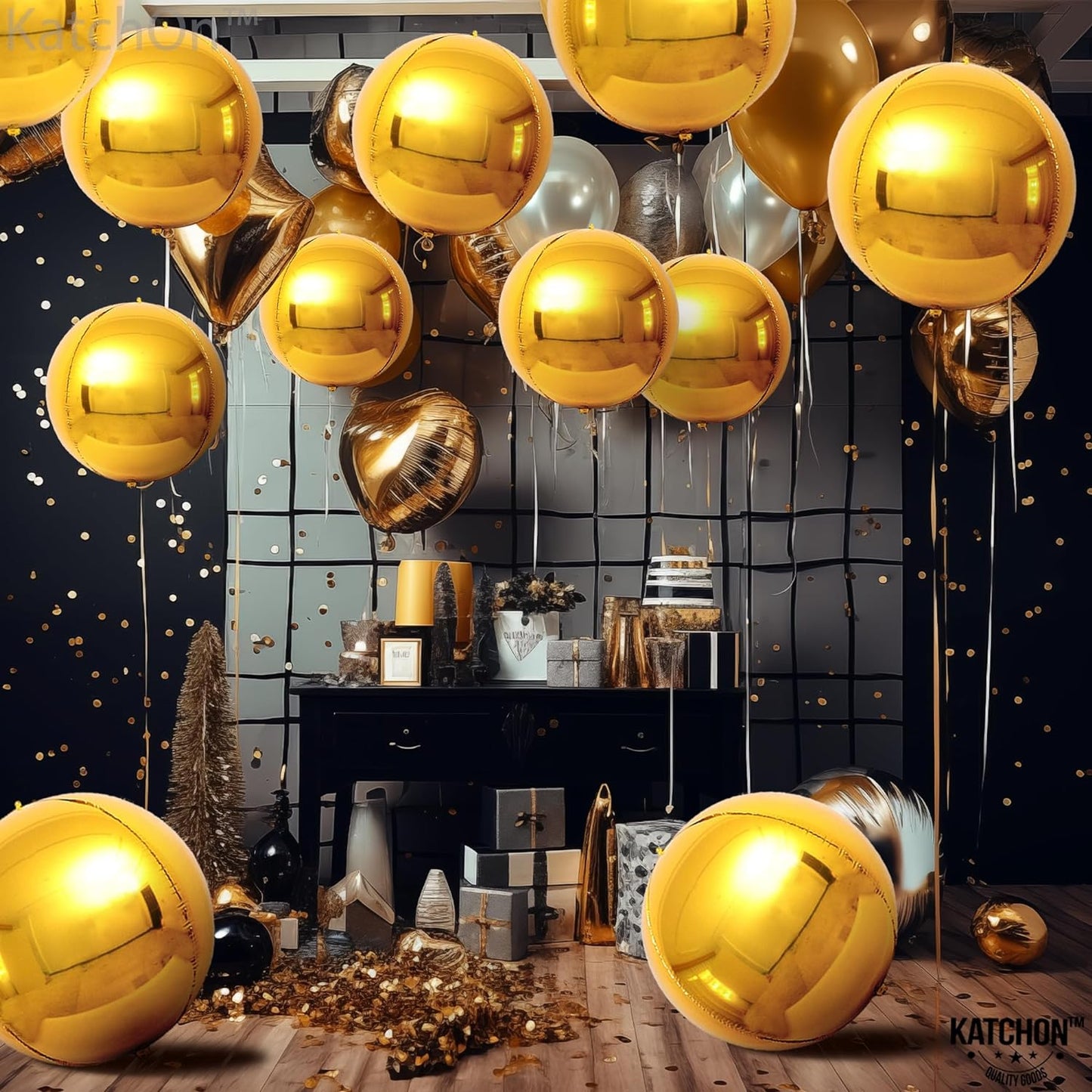 KatchOn, Big Gold Foil Balloons - 22 Inch, Pack of 12 | Gold 4D Balloons, Gold Mylar Balloons | Metallic Gold Balloons, Gold Round Balloons | Round 4D Gold Sphere Balloons for Gold Party Decorations