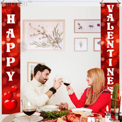 KatchOn, Red Heart Happy Valentines Day Banner - 72x12 Inch | Happy Valentines Banner Porch Sign | Red Valentines Day Door Banner | Happy Valentines Day Decorations for the Home