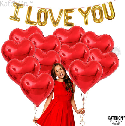 KatchOn, I Love You Balloons Set - 18 Inch, Pack of 18 | Red Heart Shaped Balloons for Anniversary Party Decorations | I Love You Decorations for Him, Heart Foil Balloon | Valentines Day Decor