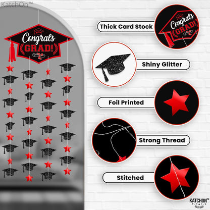 Graduation Decorations 2026, Black and Red Cap Garland - Pack of 2, No DIY | Congrats Grad Garlands for Wall Decor | Cap Garland for Graduation Party Decorations, 2026 Graduation Decoration, KatchOn