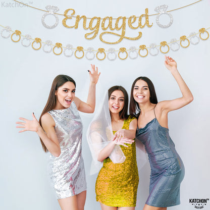 KatchOn, Pre-Strung Gold and Silver Glitter Engaged Banner - 2 String, 10 Feet, No DIY | Engagement Party Decorations |  Banner for Bachelorette Party Decorations, Engagement Decorations