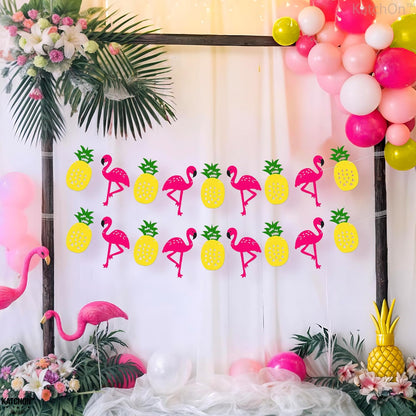 KatchOn, Felt Pineapple Flamingo Garland - 10 Feet, Pre-Strung | Banner for Flamingo Party Decorations | Pineapple Decor for Luau Decorations | Summer Party Decorations