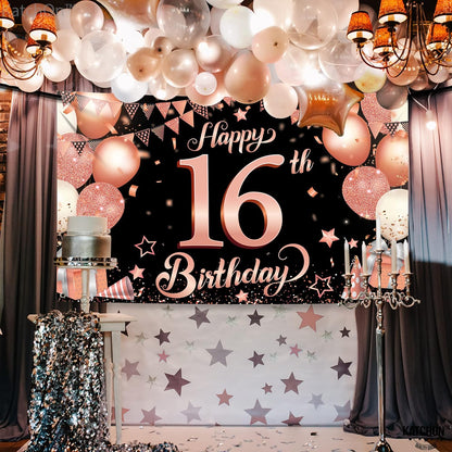 Katchon, Rose Gold Happy 16th Birthday Banner - XtraLarge, 72x44 Inch | 16th Birthday Backdrop, Rose Gold Sweet 16 Birthday Decorations for Girls | Sweet Sixteen Backdrop, 16th Birthday Decorations