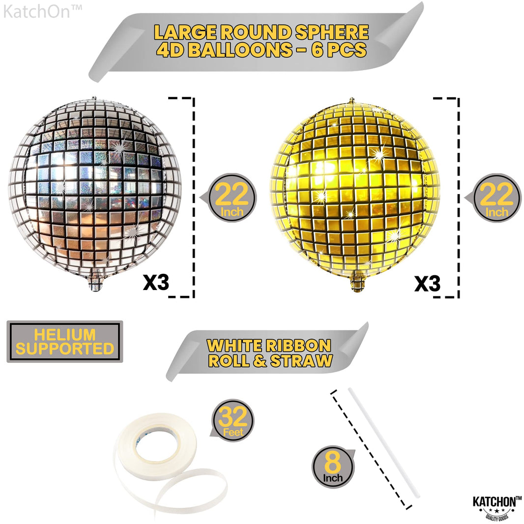 KatchOn, Large Gold and Silver Disco Ball Balloons - 22 Inch, Pack of 6 | 4D Sphere Disco Balloons for Disco Party Decorations, Bachelorette Party Decorations | 70s Party Decoration
