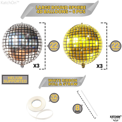 KatchOn, Large Gold and Silver Disco Ball Balloons - 22 Inch, Pack of 6 | 4D Sphere Disco Balloons for Disco Party Decorations, Bachelorette Party Decorations | 70s Party Decoration