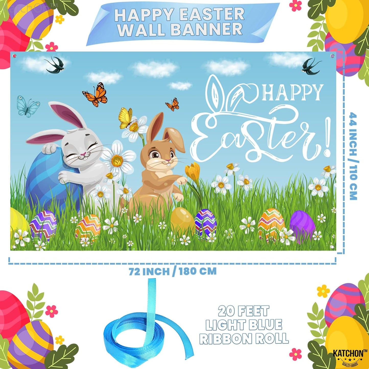 KatchOn, Happy Easter Banner Decorations - XtraLarge 72x44 Inch | Easter Backdrops for Photography | Easter Banners for Outside, Easter Party Decorations | Easter Backdrop for Easter Wall Decorations