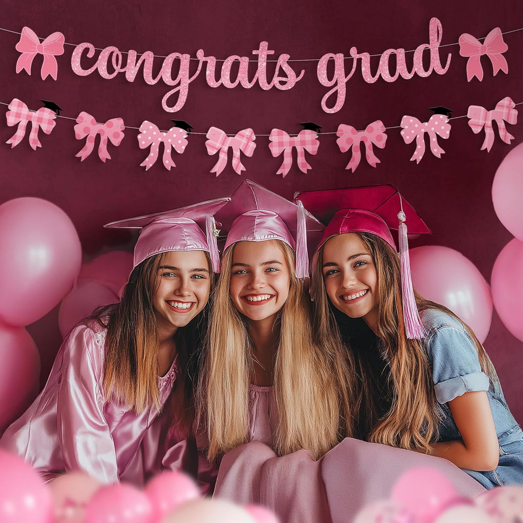 KatchOn, Pink Graduation Decorations 2026 | Pink Congrats Grad Banner - 10 Feet | Pink Bow Graduation Banner for Grad Party Decorations 2026 | Nursing Grad Party Decorations