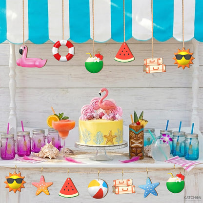 Katchon 30 Pcs Summer Themed Tree Ornaments, Summer Wooden Hangings | Christmas in July, Hawaiian Theme Pool Flamingo Party Decorations, Beach Tree Decorations Summer Party Decor