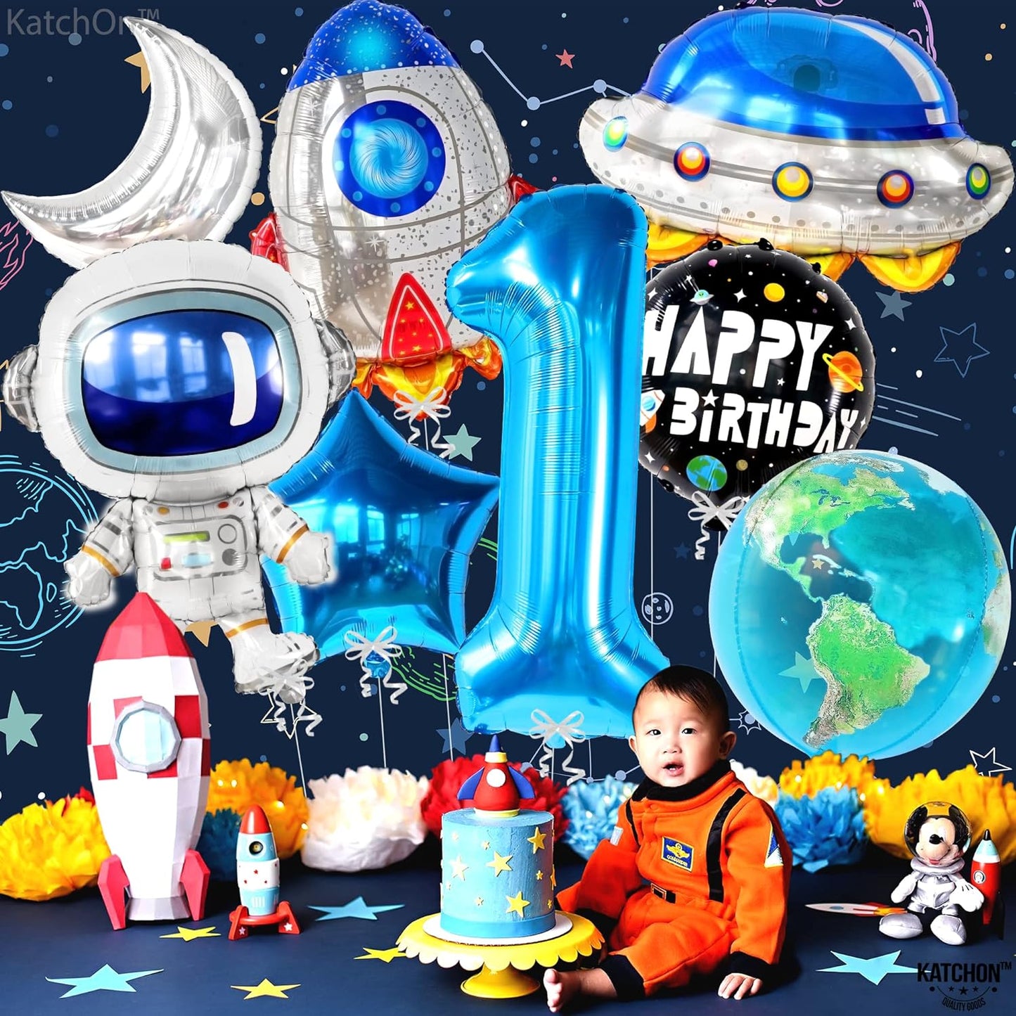 KatchOn, Giant Space Balloons First Birthday Set - 40 Inch, Pack of 8 | First Trip Around The Sun Balloons | Number 1 Balloon, Space Birthday Balloons for 1st Trip Around The Sun Birthday Decorations