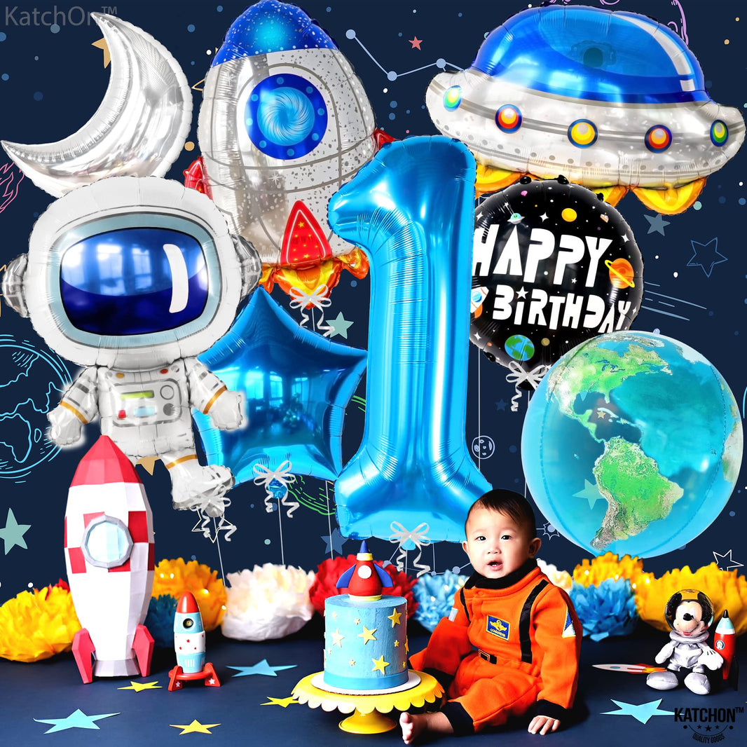 KatchOn, Big Space Balloons First Birthday Set - 40 Inch, Pack of 8 | First Trip Around The Sun Balloons, Number 1 Balloon | Blue Space Birthday Balloons for First Trip Around The Sun Decorations