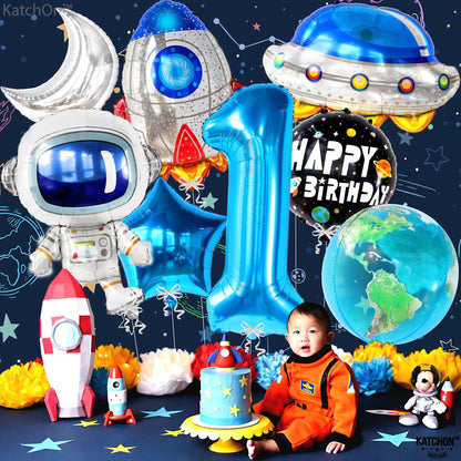KatchOn, Big Space Balloons First Birthday Set - 40 Inch, Pack of 8 | First Trip Around The Sun Balloons, Number 1 Balloon | Blue Space Birthday Balloons for First Trip Around The Sun Decorations