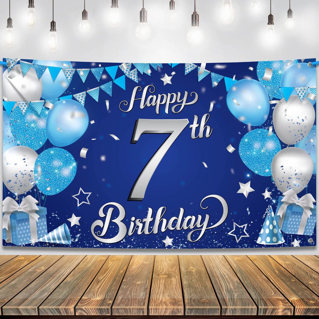 KatchOn, XtraLarge Happy 7th Birthday Banner - 72x44 Inch | Birthday Decorations for Boys and Girls | Hbd Banner Backdrop For Blue Party Decorations | Ocean Themed Party Decorations
