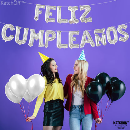 KatchOn, Silver Feliz Cumpleanos Balloons Banner - 16 Inch | Silver Feliz Cumpleanos Banner for Feliz Cumpleanos Decorations | Mylar Happy Birthday Balloon Letters for Spanish Birthday Decoration