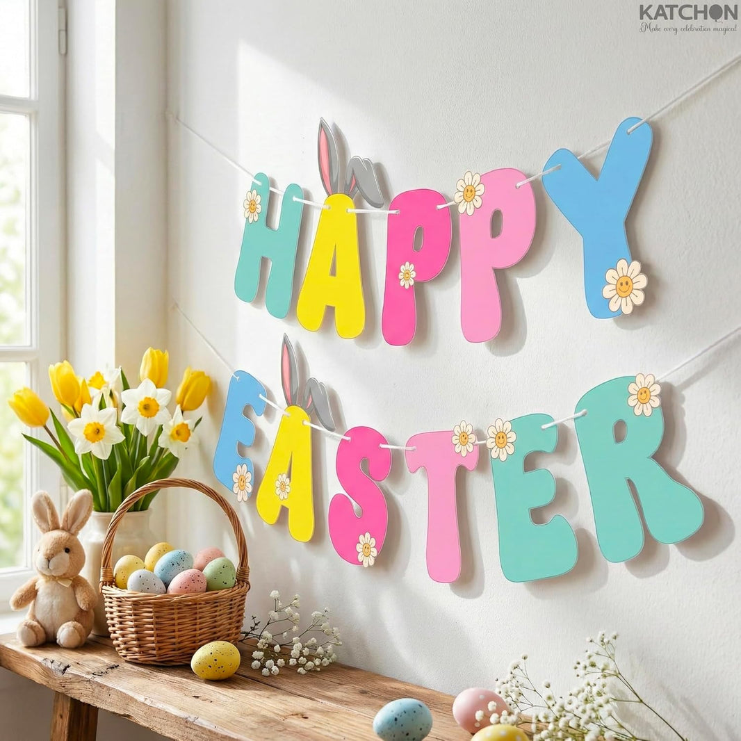 katchon happy easter banner 10 feet little diy easter party decorations for indoor outdoor easter bunny garland floral bunny banner for easter decor easter decorations for office