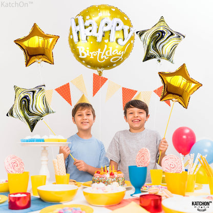 KatchOn, Gold Happy Birthday Balloon Set - 23 Inch, Big, Pack of 5 | Happy Birthday Mylar Balloons, Golden Birthday Balloons | Gold Party Decorations, Golden happy Birthday Decorations