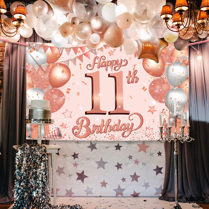 KatchOn, Rose Gold Happy 11th Birthday Banner - Large, 72 x 44 Inch | Rose Gold Happy 11th Birthday Backdrop for Girls | Happy 11th Birthday Decorations for Girls | 11 Year Old Birthday Decorations