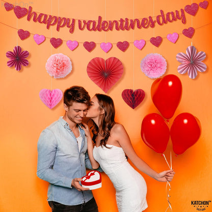 KatchOn, Happy Valentines Banner Set - Pack of 9 | Glitter Valentines Banner, 10 Feet | Heart Garland, Honeycomb Valentines Decorations | Hanging Honeycomb Hearts, Pink Valentines Decorations