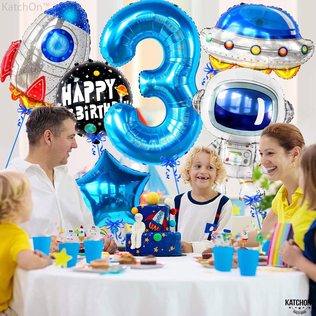 KatchOn, Big Outer Space 3rd Birthday Balloons - Pack of 8 | 3 Year Old Boy Birthday Decorations | 3 Year Balloon | Third Birthday Decorations Boy | Space Themed 3rd Birthday | Space Party Decorations
