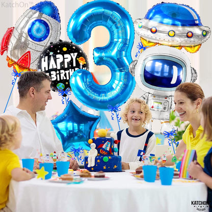 KatchOn, Big Outer Space 3rd Birthday Balloons - Pack of 8 | 3 Year Old Boy Birthday Decorations | 3 Year Balloon | Third Birthday Decorations Boy | Space Themed 3rd Birthday | Space Party Decorations