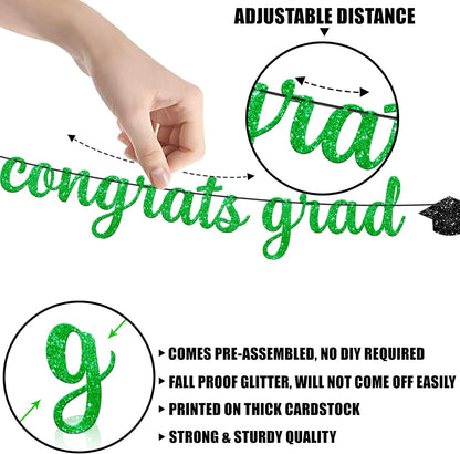 Glitter Congrats Grad Banner - 10 Feet, Pre-Strung | Green Graduation Decorations 2026 | Congratulations Banner | Congratulations Graduation Banner 2026 | Graduation Party Decorations - KatchOn