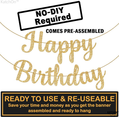 KatchOn, Cursive Glitter Gold Happy Birthday Banner - Pre-Strung, 10 Feet, No DIY | Real Gold Birthday Party Decorations | Gold Happy Birthday Sign for Girls, Gold Happy Birthday Decorations for Women