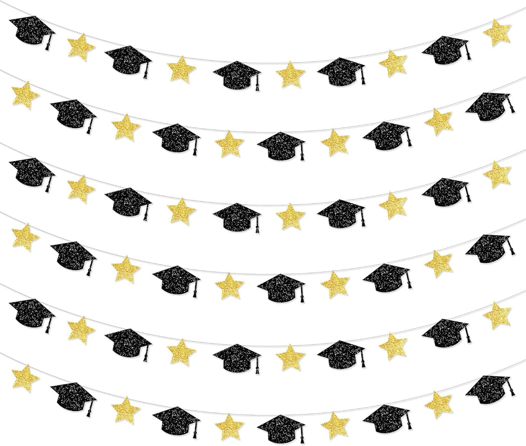 Graduation Decorations 2026, Graduation Cap Garland - 10 Feet, No DIY | Grad Garland Class of 2026, Black and Gold Grad Decorations 2026 | Grad Cap Decor for 2026 Graduation Decorations - KatchOn