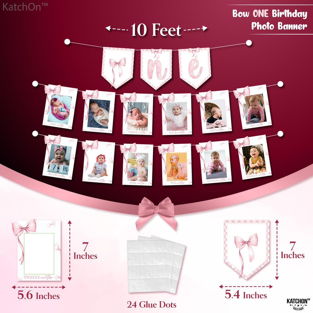 KatchOn, Pink Bow One Birthday Photo Banner - 2 Strings, 10 Feet | Pre Strung 1-12 Month Photo Banner for 1st Birthday Decorations | Bow Party Decorations