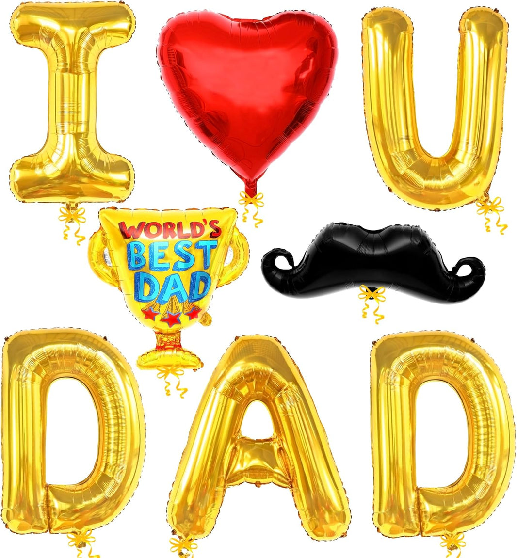 KatchOn, Fathers Day Balloons with Mustach - Giant 32 Inch, Pack of 8 | Gold I Love U Dad Balloons, Best Dad Trophy balloon | Happy Fathers Day Decorations for Party | Fathers day Foil balloons
