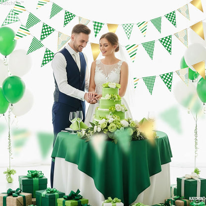 KatchOn, Christmas Pennant Banner Flags - 30 Feet | Gingham Checkered Triangle Fabric Bunting Garland Green, White and Gold | Party Decorations for Birthday, And Christmas Wall Decorations Indoor