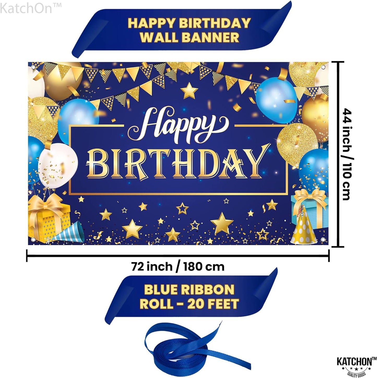 KatchOn, XtraLarge Gold and Blue Happy Birthday Banner - 72x44 Inch | Happy Birthday Backdrop for Happy Birthday Decorations | Blue and Gold Birthday Backdrop for Boys | Blue Birthday Banner for Men