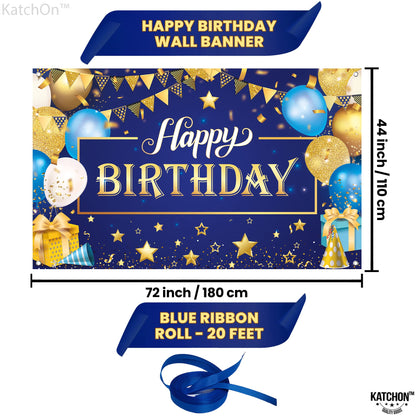 KatchOn, XtraLarge Gold and Blue Happy Birthday Banner - 72x44 Inch | Blue and Gold Birthday Backdrop for Happy Birthday Decorations | Party Decorations for Men and Women