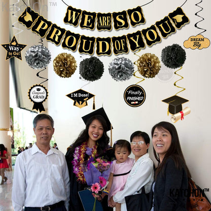 KatchOn, Black and Gold Graduation Party Decorations 2024 - No DIY | We Are So Proud of You Banner | Grad Hanging Swirls with Pomp Poms for 2024 Graduation Decor | Graduation Decorations Class Of 2024