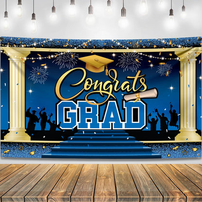 KatchOn, XtraLarge Blue Congrats Grad Banner - 72x44 Inch, 2026 Graduation Backdrop | Blue Grad Banner Class of 2026 Grad Party Decorations, Graduation Decorations 2026