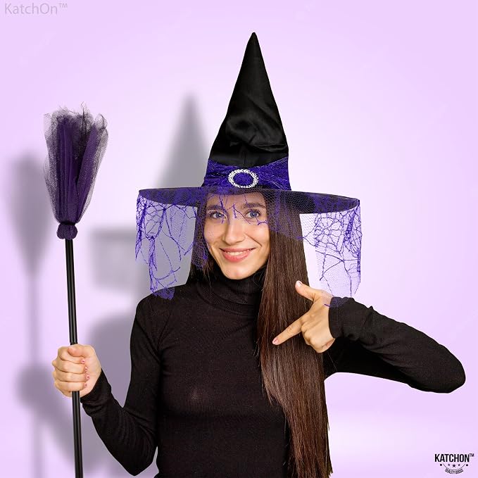 KatchOn Halloween Purple Witch Hat And Broom, Witch Hat Women