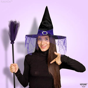 KatchOn Halloween Purple Witch Hat And Broom, Witch Hat Women